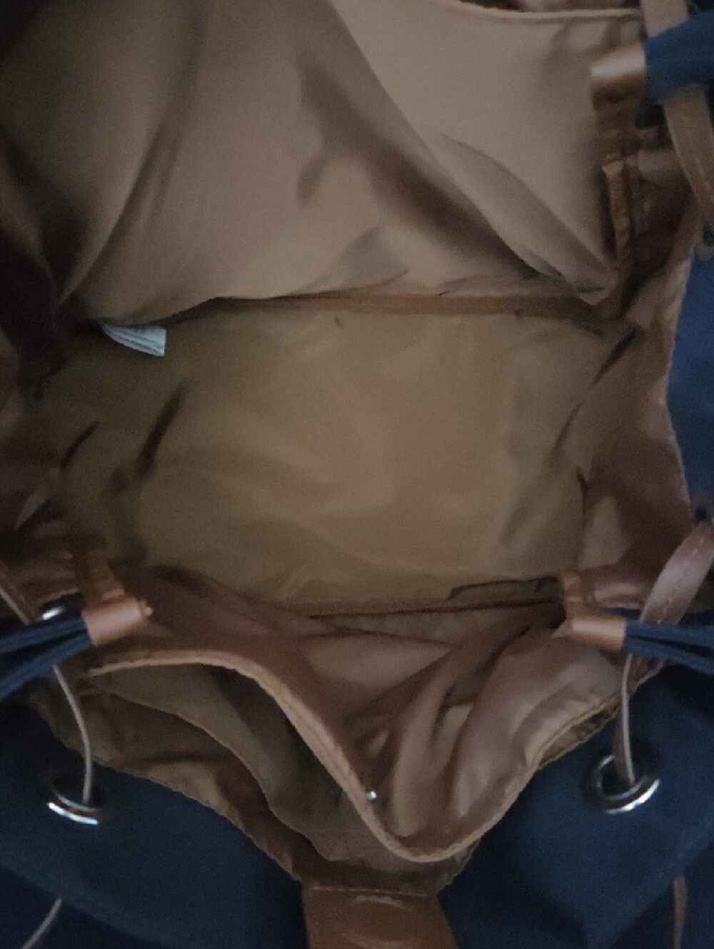 NWOT Agnes B. Navy Nylon Tote with Tan Leather Accents - Picture 7 of 14